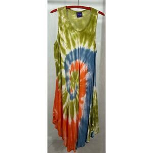 Vintage-Inspired Blue Hue Tie-Dye Sleeveless Swing Dress – One Size